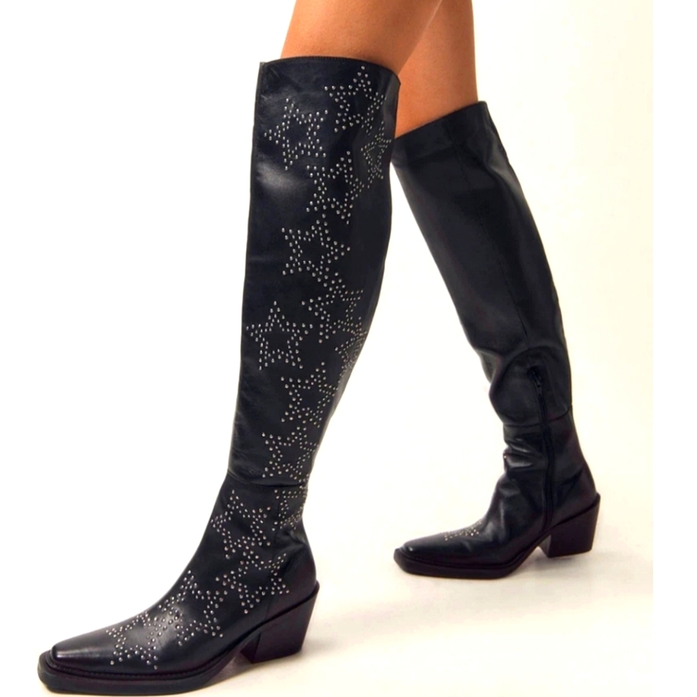 Nasty Gal Real Leather Star Studded Over The Knee Western Boots, NEW, Size 36 - Picture 14 of 14